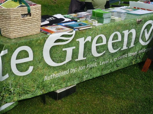 Recycled tablecloth made from Green Party election banners.